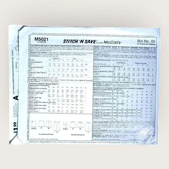 McCalls Stitch 'n Save Sewing Pattern 5021 Girls Top Skort Shorts Capris Sz 7-12 - Picture 2 of 2